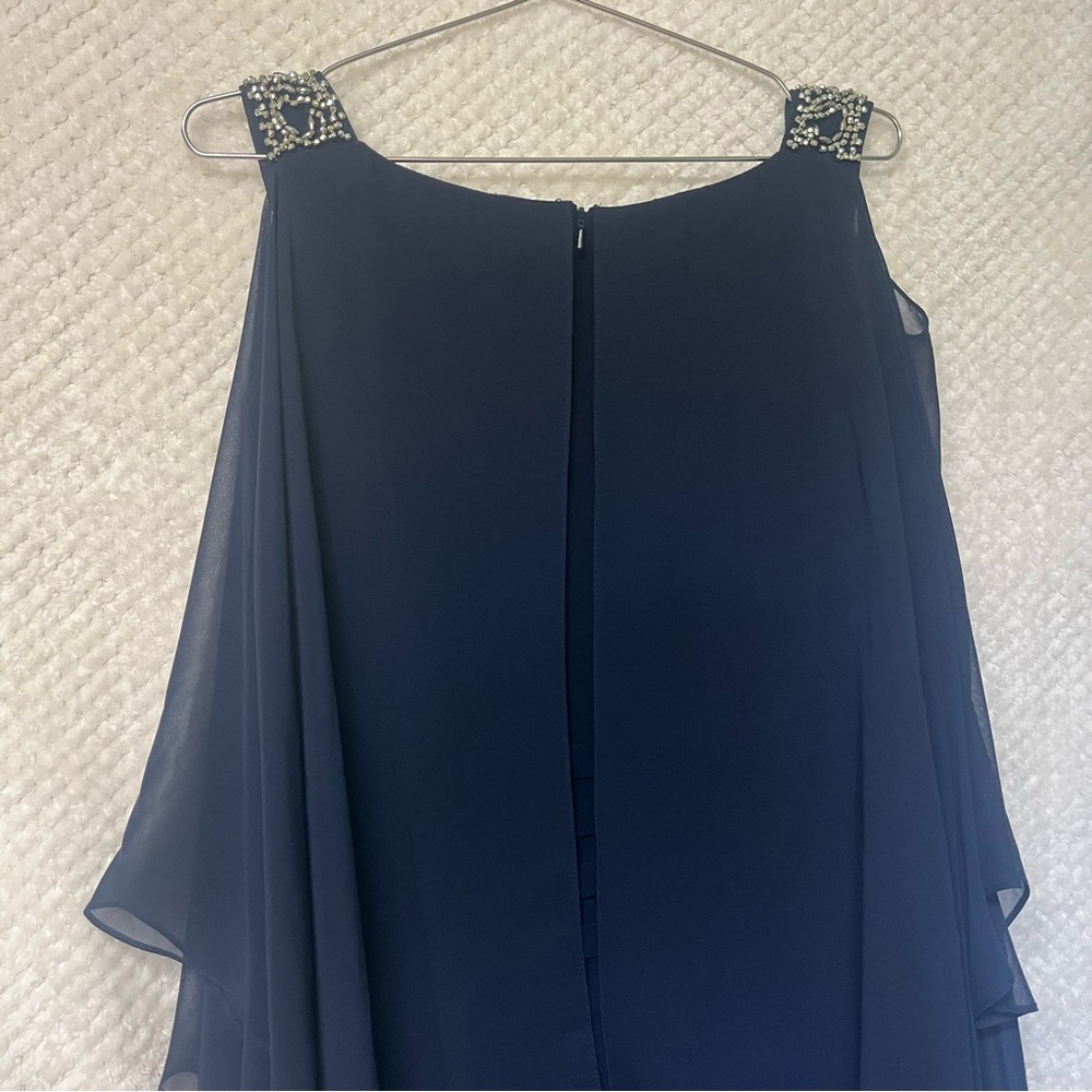 Betsy & Adam Navy Blue Cold Shoulder Popover Dress Embellished Cuffs Size 10 - Picture 10 of 12